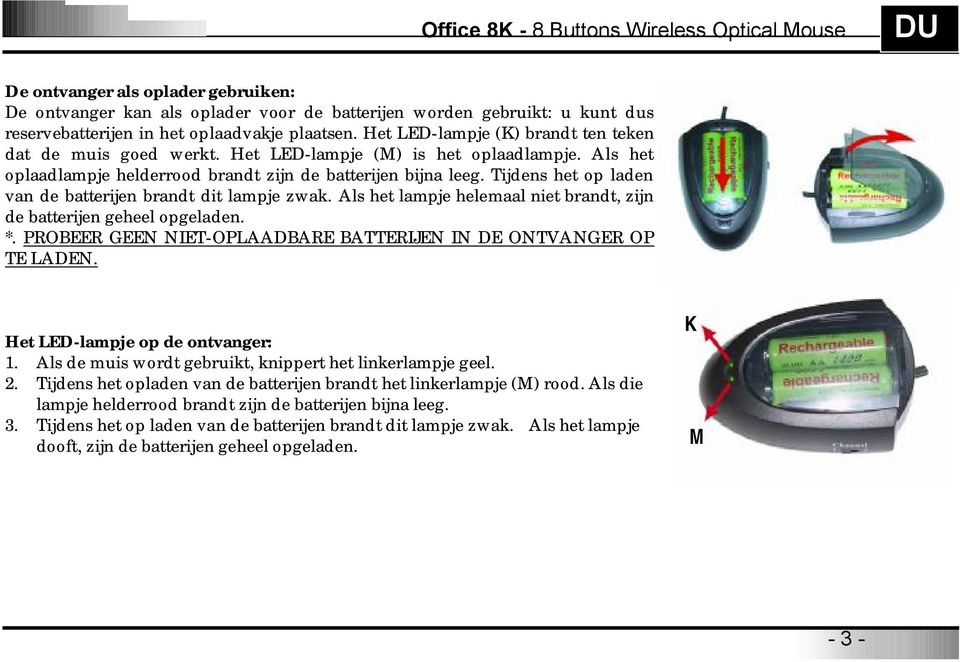 Tijdens het op laden van de batterijen brandt dit lampje zwak. Als het lampje helemaal niet brandt, zijn de batterijen geheel opgeladen. *.