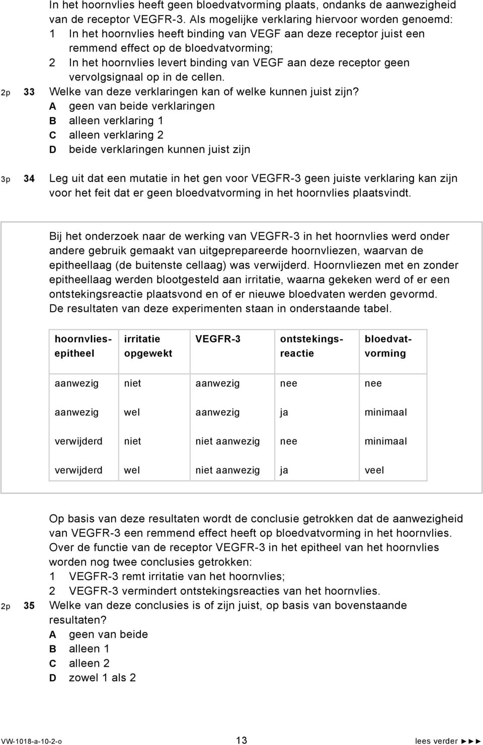 VEGF aan deze receptor geen vervolgsignaal op in de cellen. 2p 33 Welke van deze verklaringen kan of welke kunnen juist zijn?