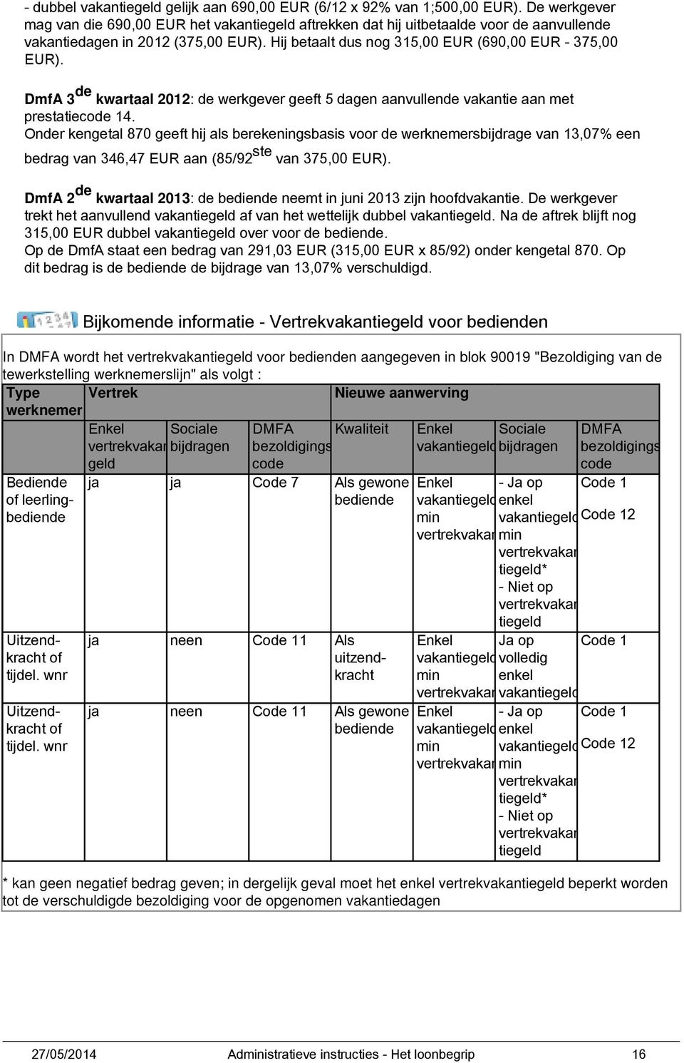 DmfA 3 de kwartaal 2012: de werkgever geeft 5 dagen aanvullende vakantie aan met prestatiecode 14.