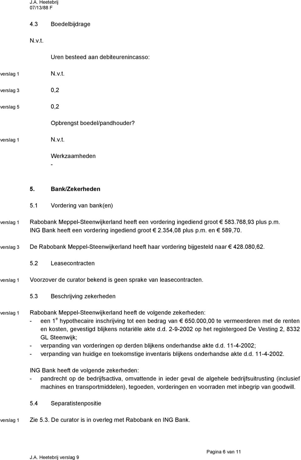 De Rabobank MeppelSteenwijkerland heeft haar vordering bijgesteld naar 428.080,62. 5.