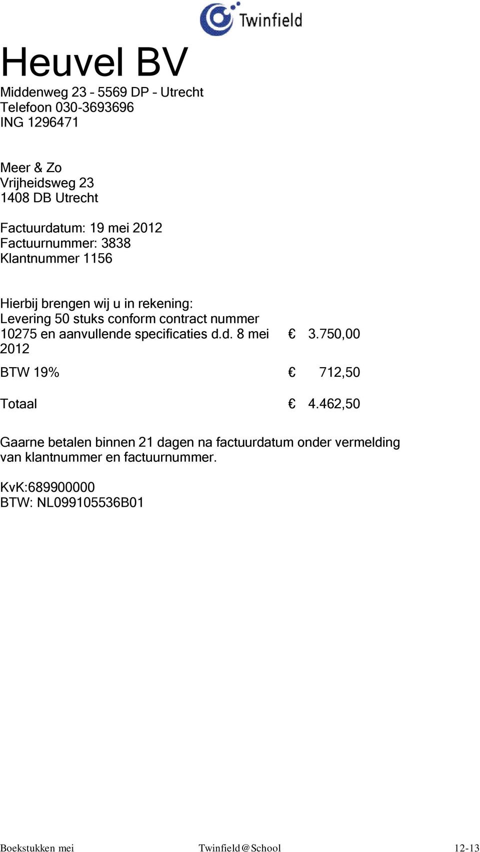 aanvullende specificaties d.d. 8 mei 2012 3.750,00 BTW 19% 712,50 Totaal 4.