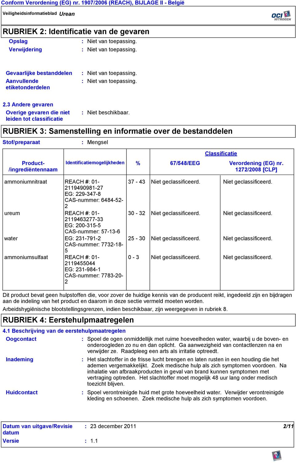 Identificatiemogelijkheden % 67/548/EEG Classificatie Verordening (EG) nr.