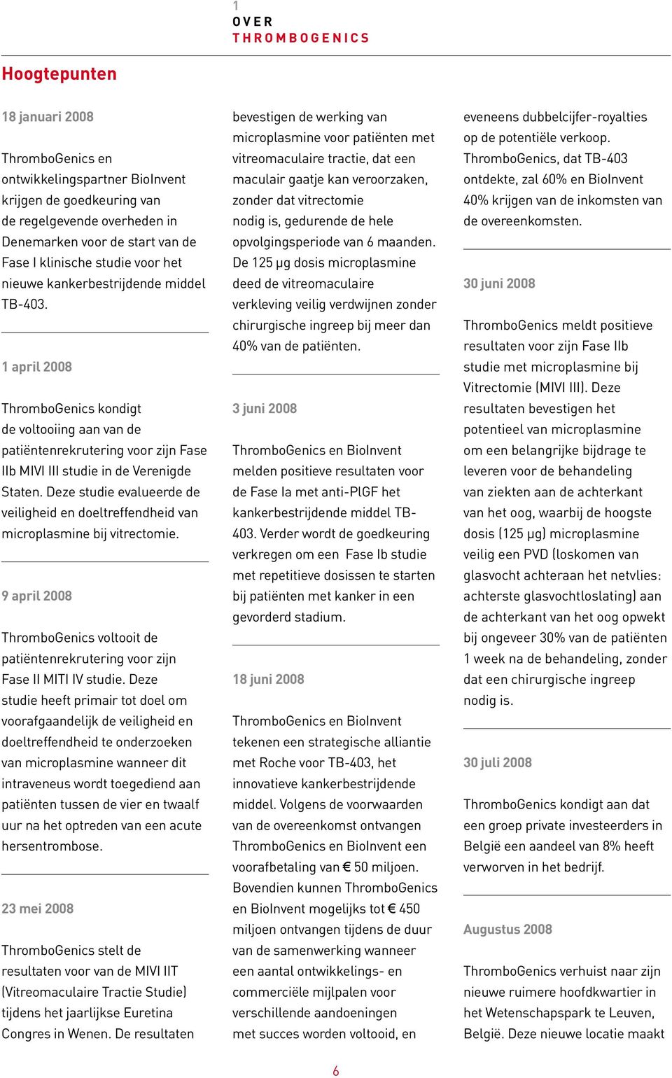 1 april 2008 ThromboGenics kondigt de voltooiing aan van de patiëntenrekrutering voor zijn Fase IIb MIVI III studie in de Verenigde Staten.