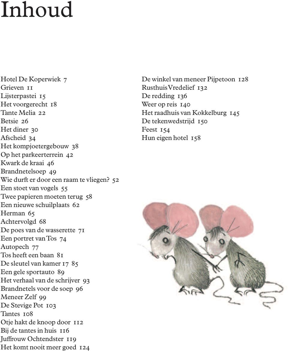 52 Een stoet van vogels 55 Twee papieren moeten terug 58 Een nieuwe schuilplaats 62 Herman 65 Achtervolgd 68 De poes van de wasserette 71 Een portret van Tos 74 Autopech 77 Tos heeft een baan 81 De
