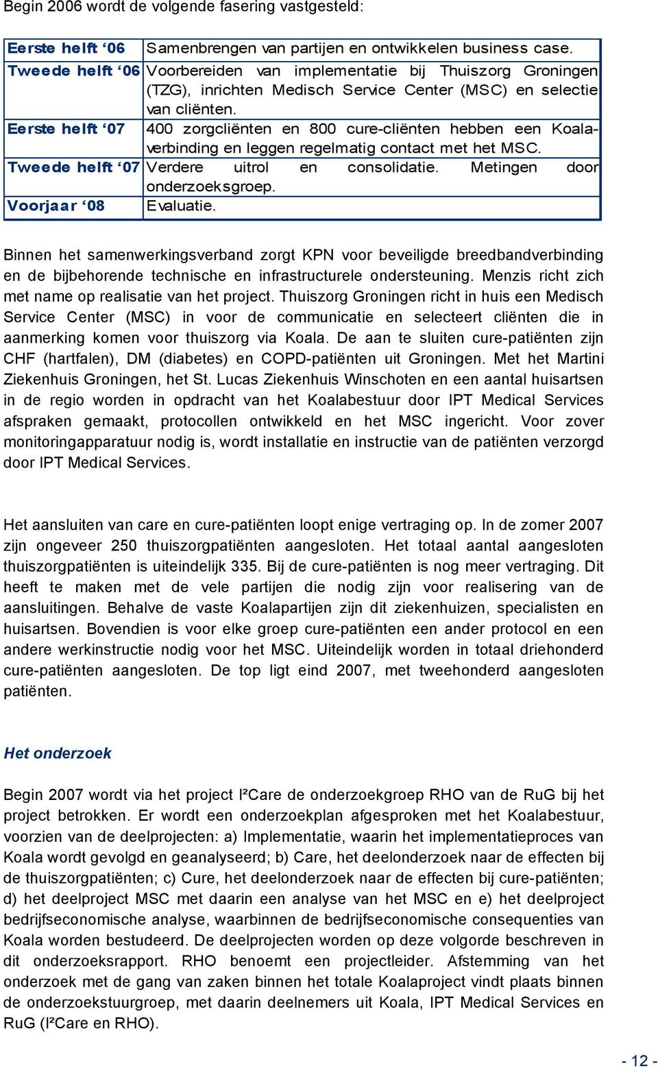 Eerste helft 07 400 zorgcliënten en 800 cure-cliënten hebben een Koalaverbinding en leggen regelmatig contact met het MSC. Tweede helft 07 Verdere uitrol en consolidatie.