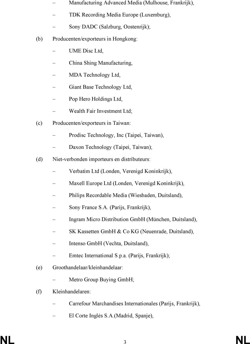 Technology (Taipei, Taiwan); (d) Niet-verbonden importeurs en distributeurs: Verbatim Ltd (Londen, Verenigd Koninkrijk), Maxell Europe Ltd (Londen, Verenigd Koninkrijk), Philips Recordable Media