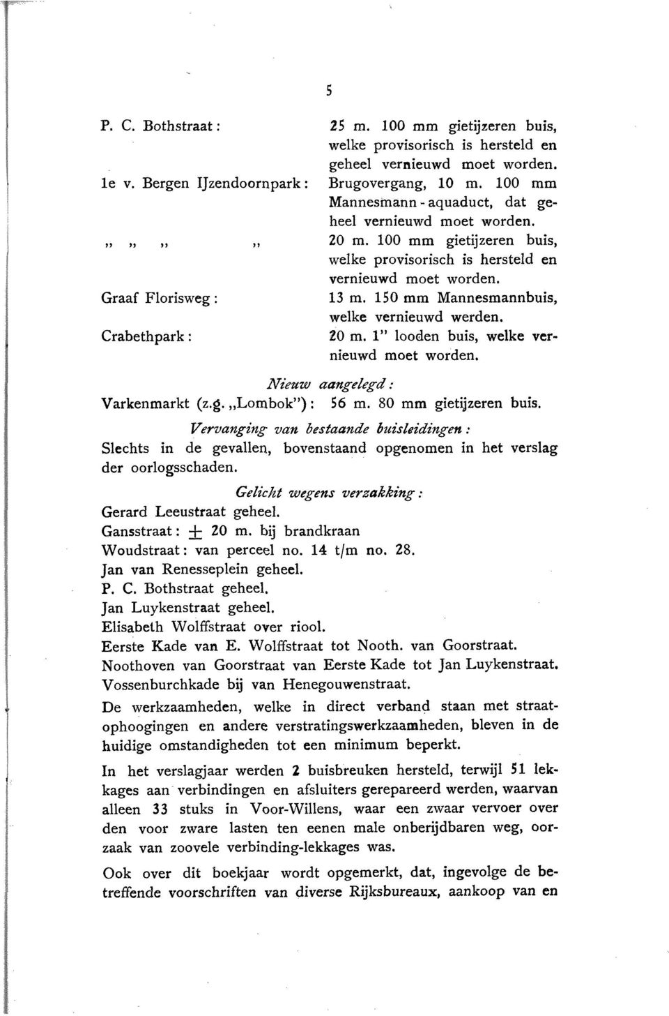 150 mm Mannesmannbuis, welke vernieuwd werden. 20 m. 1 looden buis, welke vernieuwd moet worden. Niegw aangezegd : Varkenmarkt (z.g.,,lombok ) : 56 m. 80 mm gietijzeren buis.