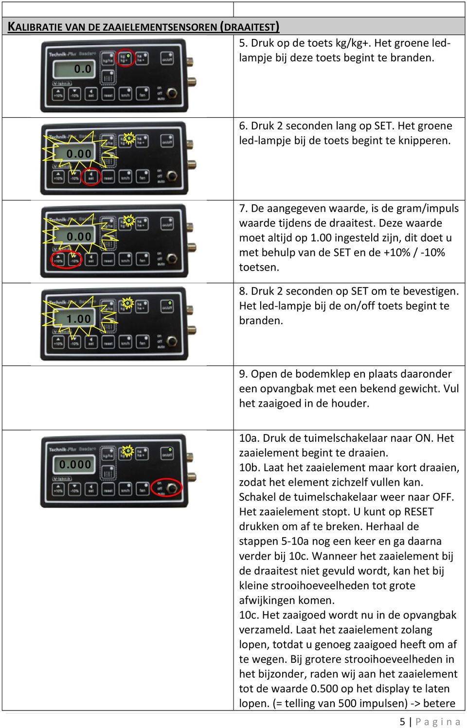 00 ingesteld zijn, dit doet u met behulp van de SET en de +10% / 10% toetsen. 8. Druk 2 seconden op SET om te bevestigen. Het led lampje bij de on/off toets begint te branden. 9.