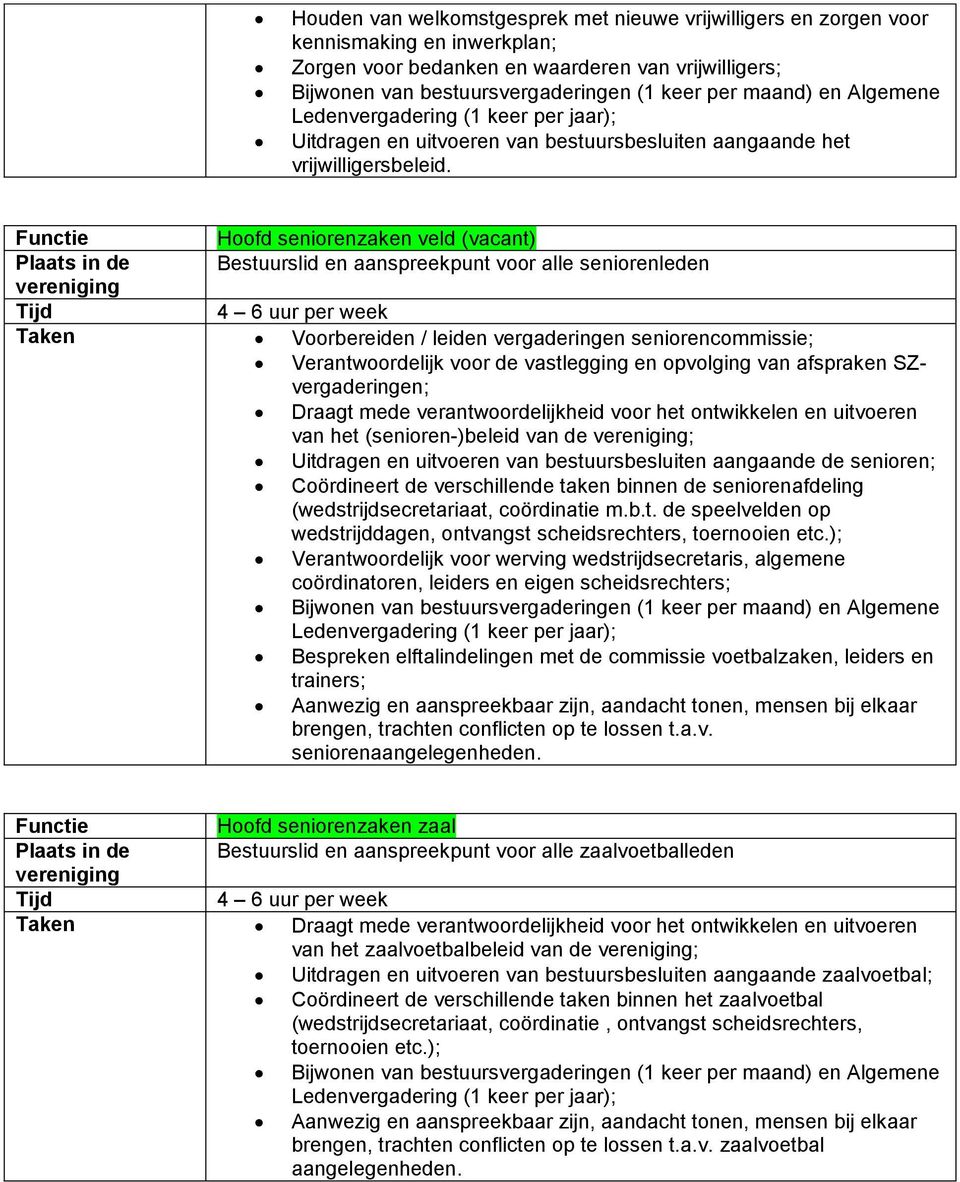Hoofd seniorenzaken veld (vacant) Plaats in de Bestuurslid en aanspreekpunt voor alle seniorenleden 4 6 uur per week Taken Voorbereiden / leiden vergaderingen seniorencommissie; Verantwoordelijk voor