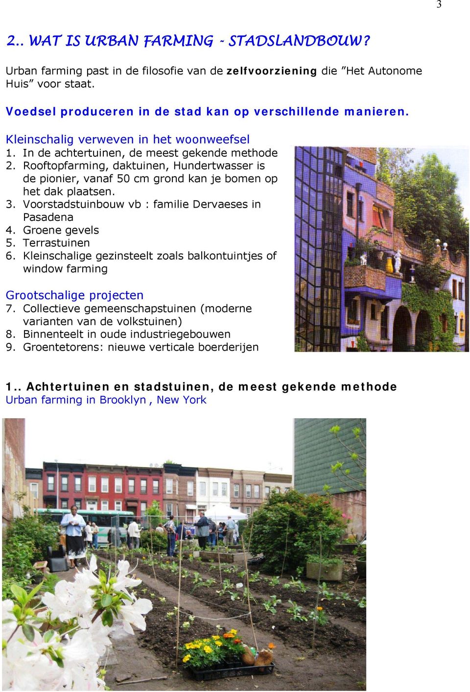 3. Voorstadstuinbouw vb : familie Dervaeses in Pasadena 4. Groene gevels 5. Terrastuinen 6. Kleinschalige gezinsteelt zoals balkontuintjes of window farming Grootschalige projecten 7.