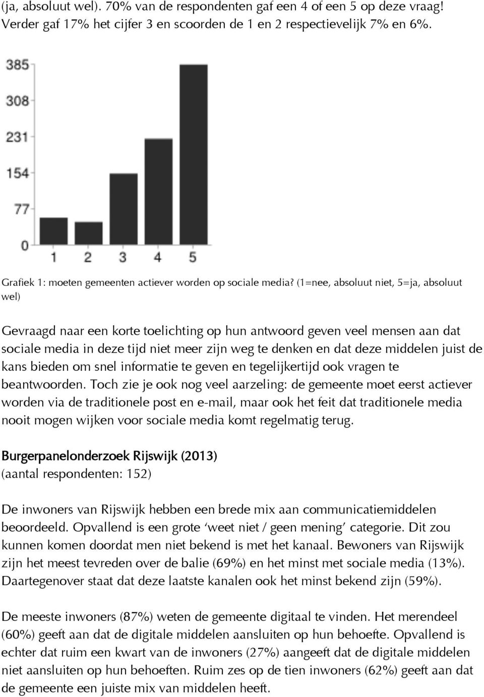 (1=nee, absoluut niet, 5=ja, absoluut wel) Gevraagd naar een korte toelichting op hun antwoord geven veel mensen aan dat sociale media in deze tijd niet meer zijn weg te denken en dat deze middelen