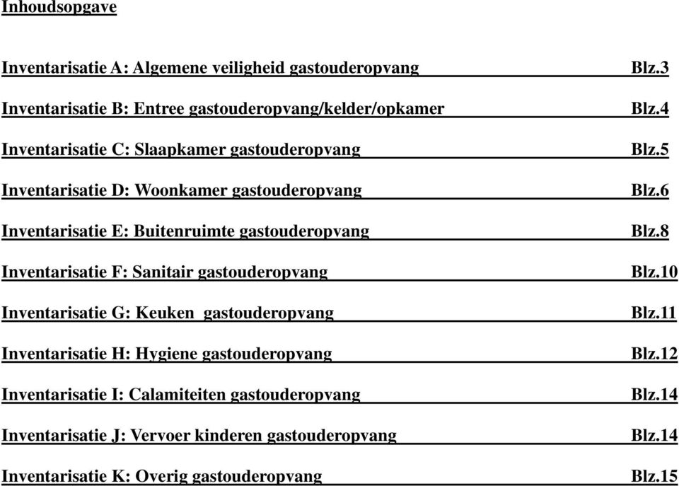 gastouderopvang Inventarisatie G: Keuken gastouderopvang Inventarisatie H: Hygiene gastouderopvang Inventarisatie I: Calamiteiten gastouderopvang