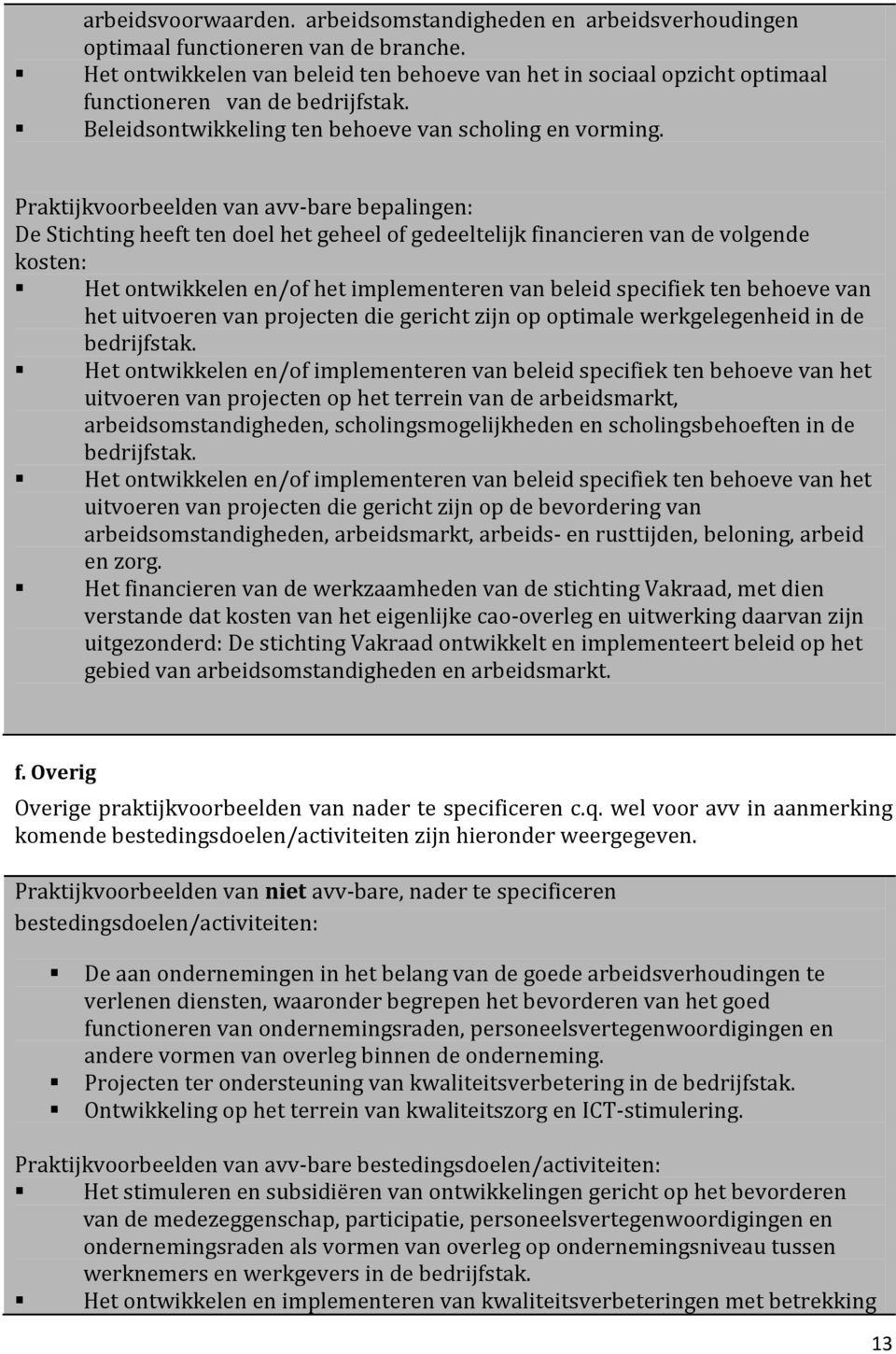 Praktijkvoorbeelden van avv-bare bepalingen: De Stichting heeft ten doel het geheel of gedeeltelijk financieren van de volgende kosten: Het ontwikkelen en/of het implementeren van beleid specifiek