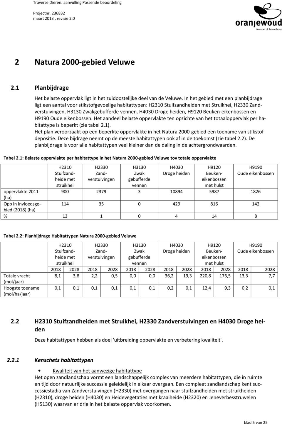 H9120 Beuken-eikenbossen en H9190 Oude eikenbossen. Het aandeel belaste oppervlakte ten opzichte van het totaaloppervlak per habitattype is beperkt (zie tabel 2.1).