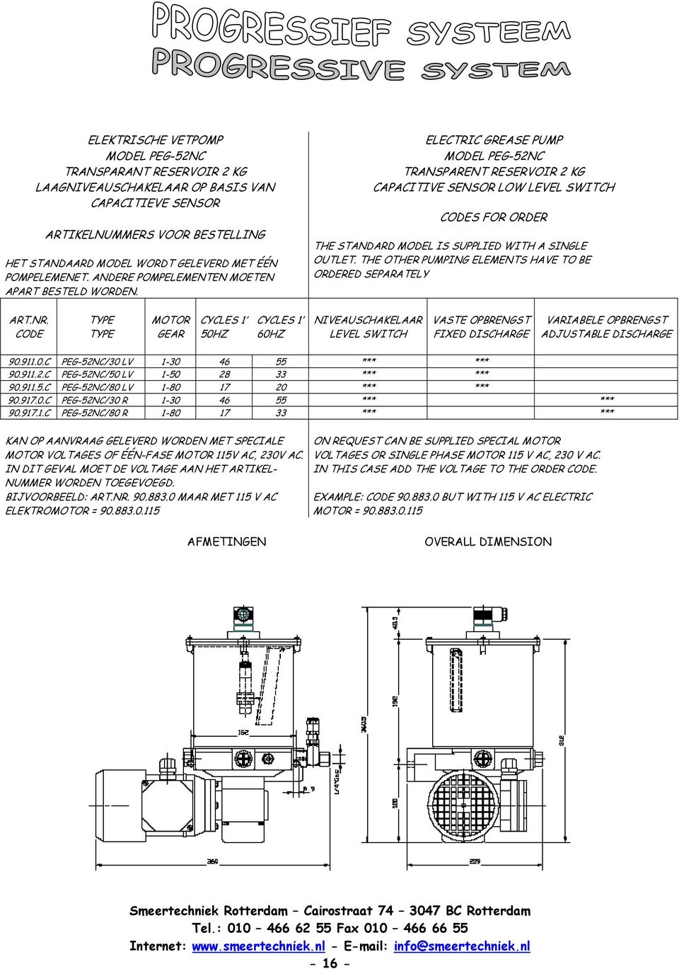 ELECTRIC GREASE PUMP MODEL PEG-52NC TRANSPARENT RESERVOIR 2 KG CAPACITIVE SENSOR LOW LEVEL SWITCH CODES FOR ORDER THE STANDARD MODEL IS SUPPLIED WITH A SINGLE OUTLET.