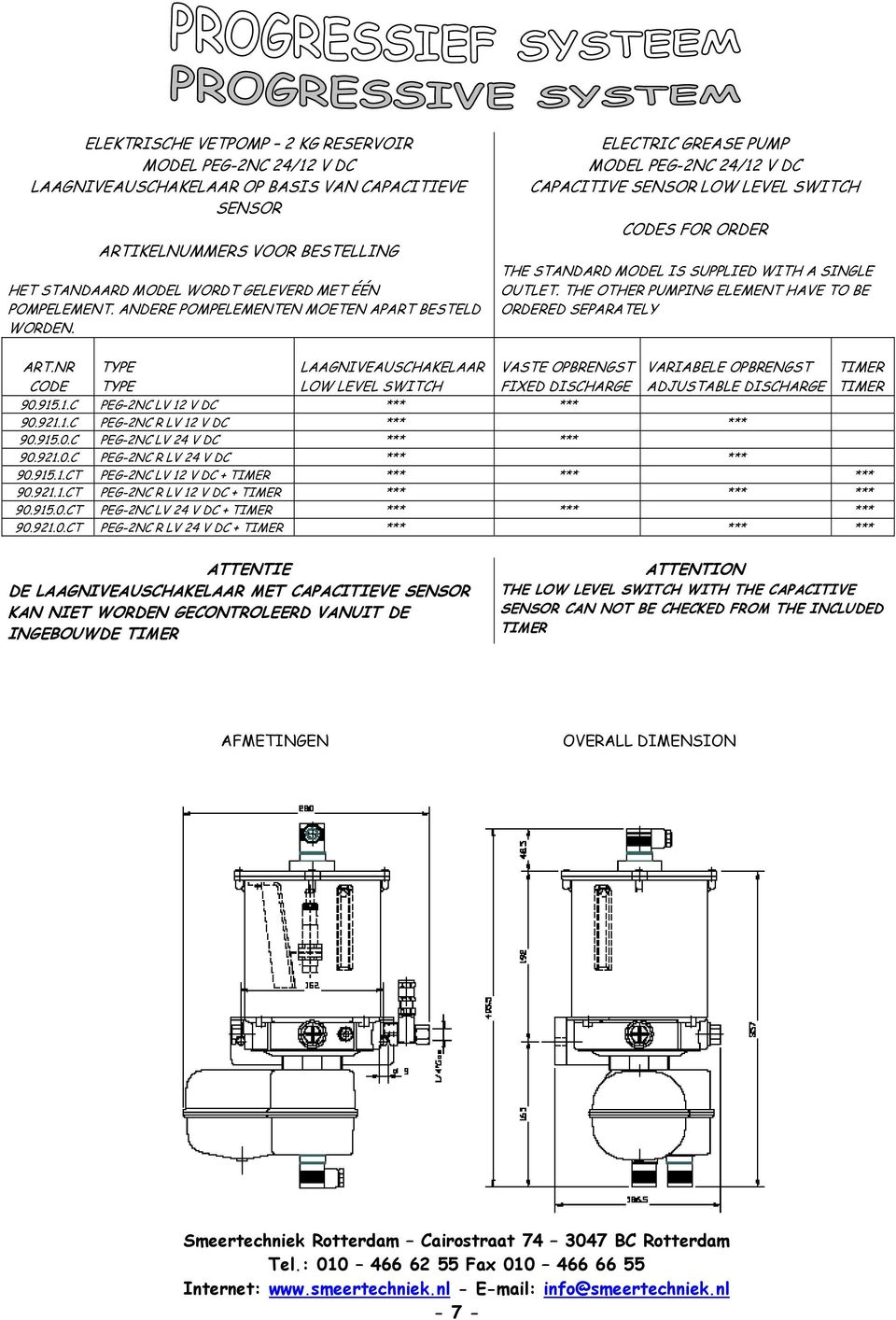 THE OTHER PUMPING ELEMENT HAVE TO BE ORDERED SEPARATELY ART.NR CODE LAAGNIVEAUSCHAKELAAR LOW LEVEL SWITCH VASTE OPBRENGST FIXED DISCHARGE VARIABELE OPBRENGST TIMER ADJUSTABLE DISCHARGE TIMER 90.915