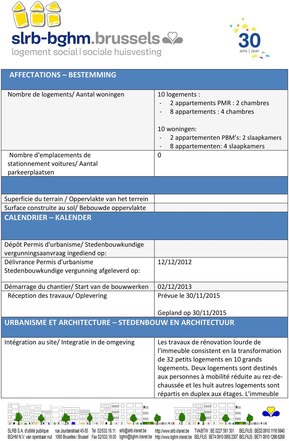 oppervlakte CALENDRIER KALENDER Dépôt Permis d'urbanisme/ Stedenbouwkundige vergunningsaanvraag ingediend op: Délivrance Permis d'urbanisme Stedenbouwkundige vergunning afgeleverd op: 12/12/2012