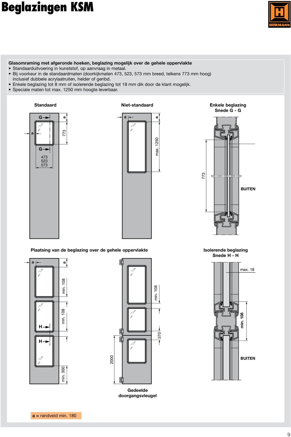 Enkele beglzing tot 8 mm of isolerende beglzing tot 18 mm dik door de klnt mogelijk. Specile mten tot mx. 1250 mm hoogte leverbr.