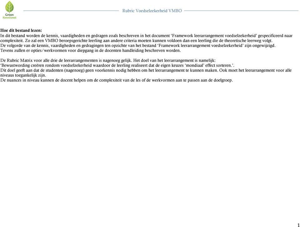 De volgorde van de kennis, vaardigheden en gedragingen ten opzichte van het bestand Framework leerarrangement voedselzekerheid zijn ongewijzigd.