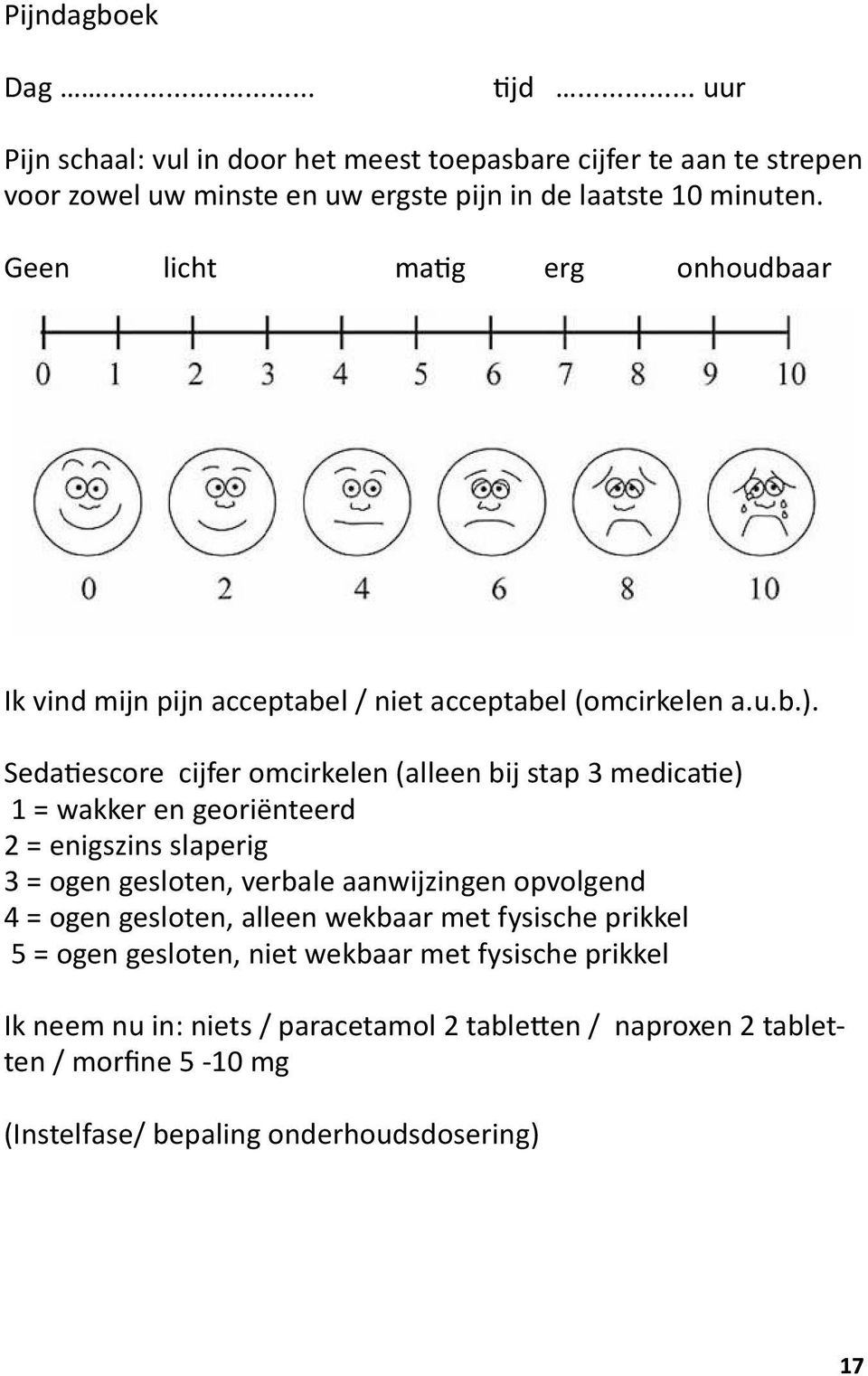 Sedatiescore cijfer omcirkelen (alleen bij stap 3 medicatie) 1 = wakker en georiënteerd 2 = enigszins slaperig 3 = ogen gesloten, verbale aanwijzingen opvolgend 4 =