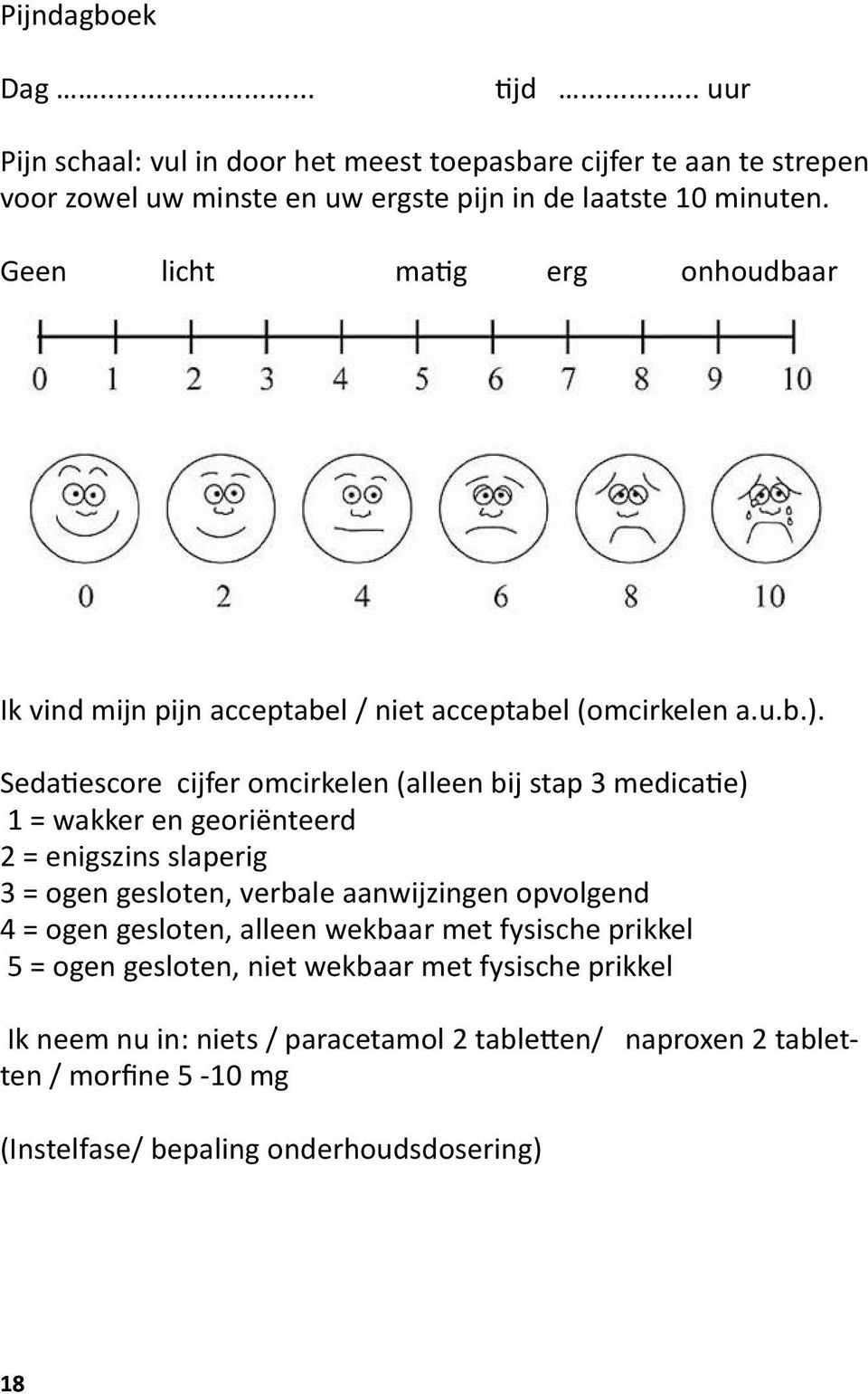 Sedatiescore cijfer omcirkelen (alleen bij stap 3 medicatie) 1 = wakker en georiënteerd 2 = enigszins slaperig 3 = ogen gesloten, verbale aanwijzingen opvolgend 4 =