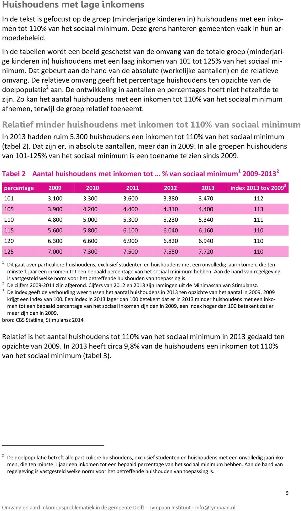 In de tabellen wordt een beeld geschetst van de omvang van de totale groep (minderjarige kinderen in) huishoudens met een laag inkomen van 101 tot 125% van het sociaal minimum.