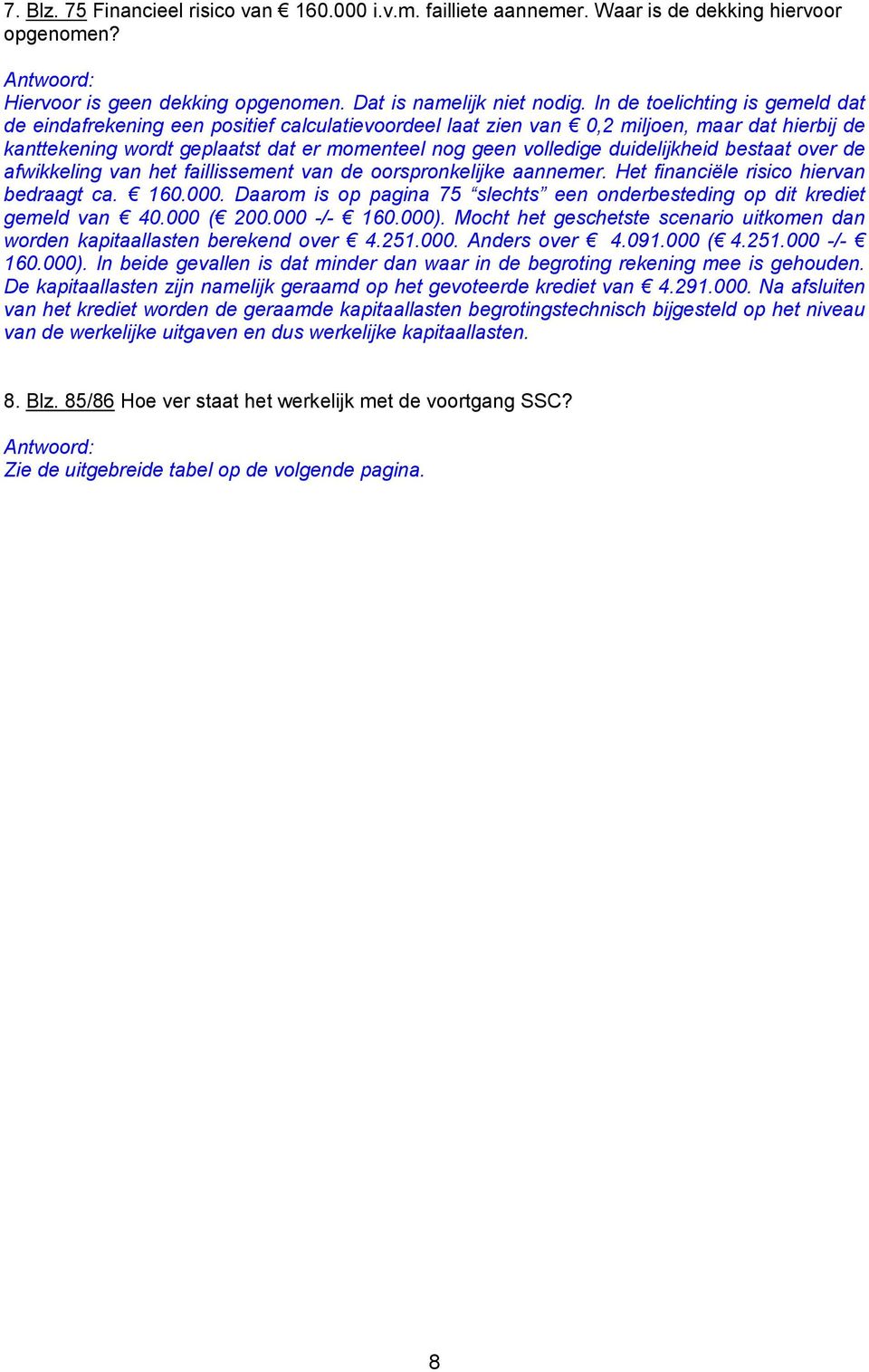 duidelijkheid bestaat over de afwikkeling van het faillissement van de oorspronkelijke aannemer. Het financiºle risico hiervan bedraagt ca. 160.000.