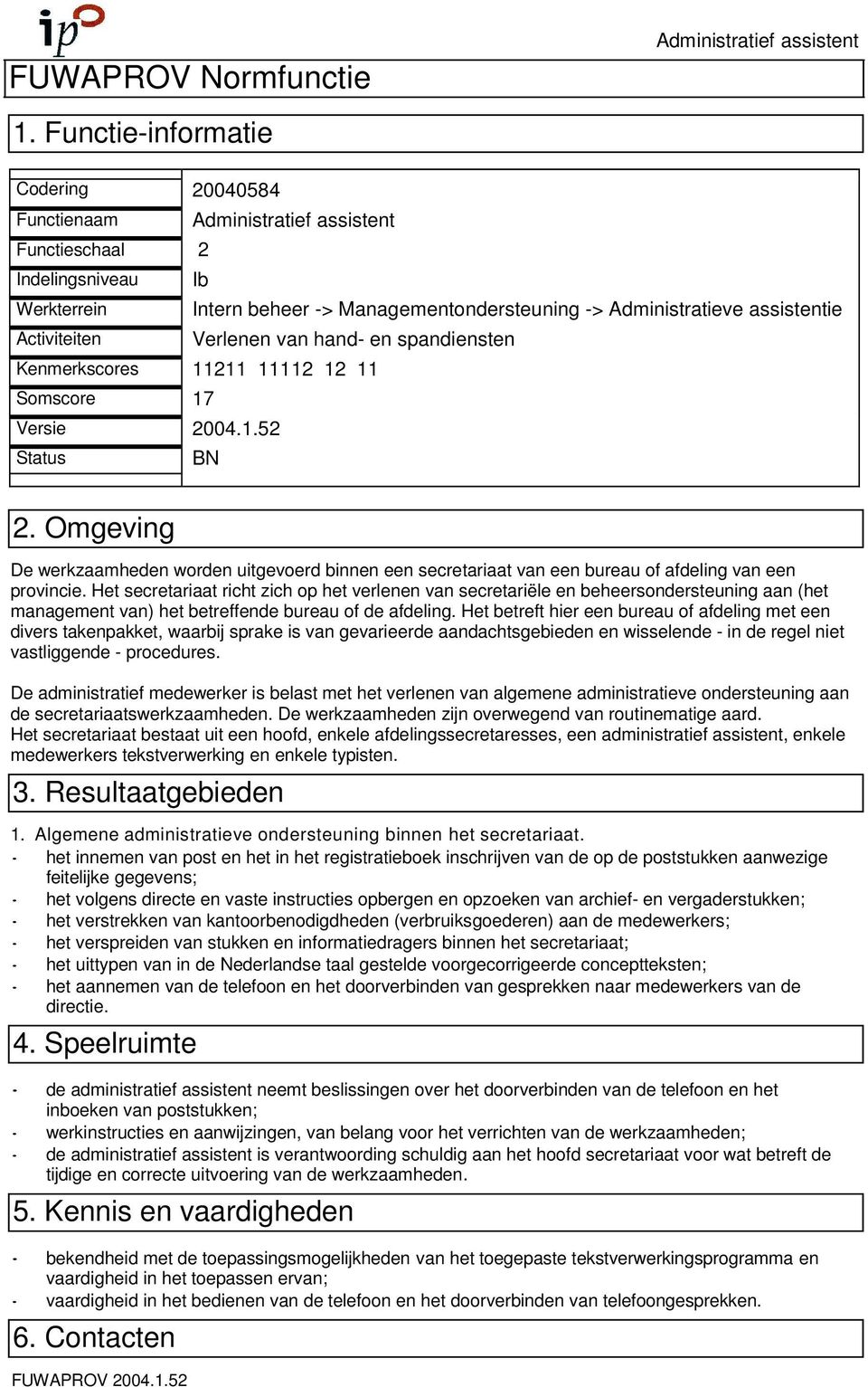 Managementondersteuning -> Administratieve assistentie Verlenen van hand- en spandiensten 11211 11112 12 11 17 2004.1.52 BN 2.