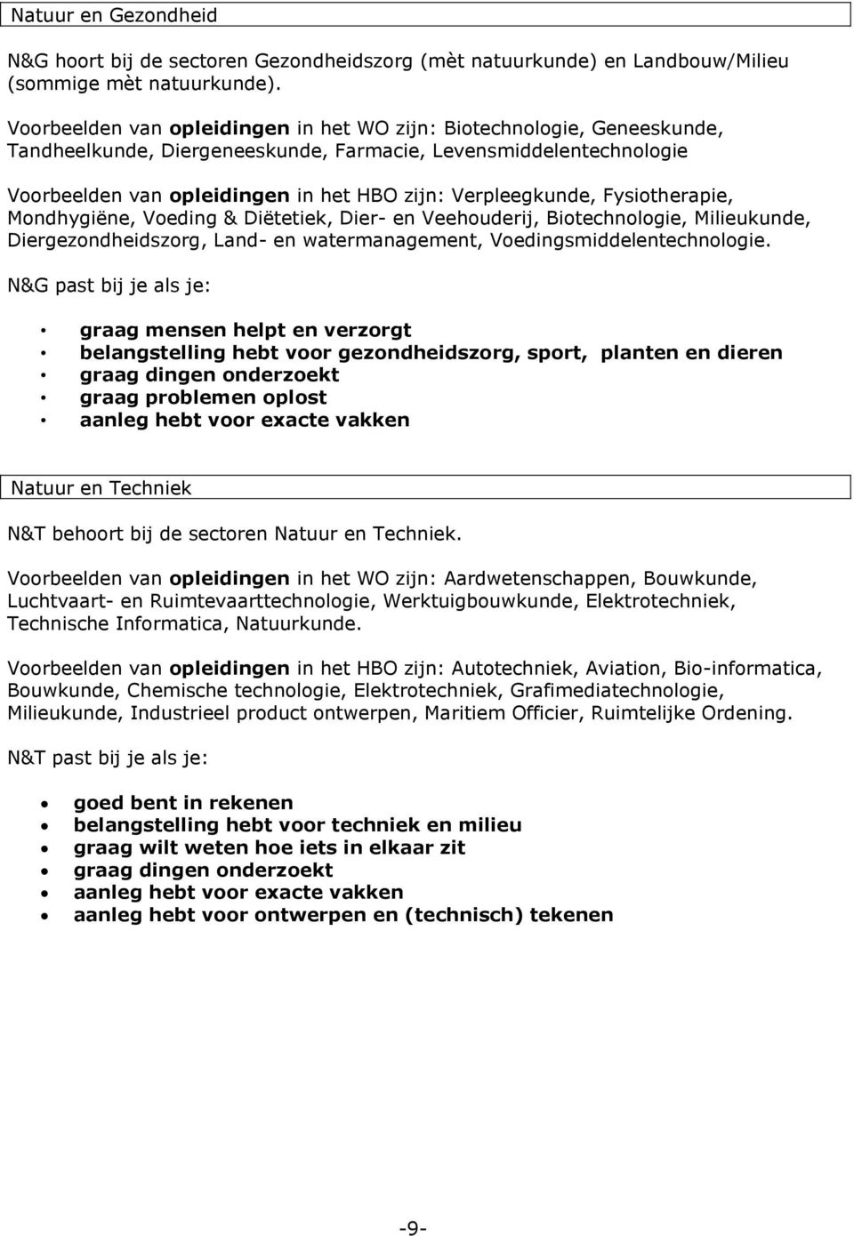 Verpleegkunde, Fysiotherapie, Mondhygiëne, Voeding & Diëtetiek, Dier- en Veehouderij, Biotechnologie, Milieukunde, Diergezondheidszorg, Land- en watermanagement, Voedingsmiddelentechnologie.