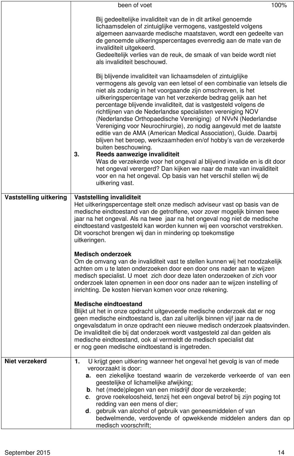 Bij blijvende invaliditeit van lichaamsdelen of zintuiglijke vermogens als gevolg van een letsel of een combinatie van letsels die niet als zodanig in het voorgaande zijn omschreven, is het