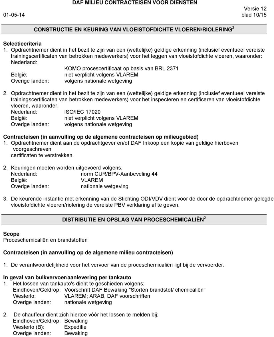 vloeren, waaronder: KOMO procescertificaat op basis van BRL 2371 niet verplicht volgens VLAREM 2.