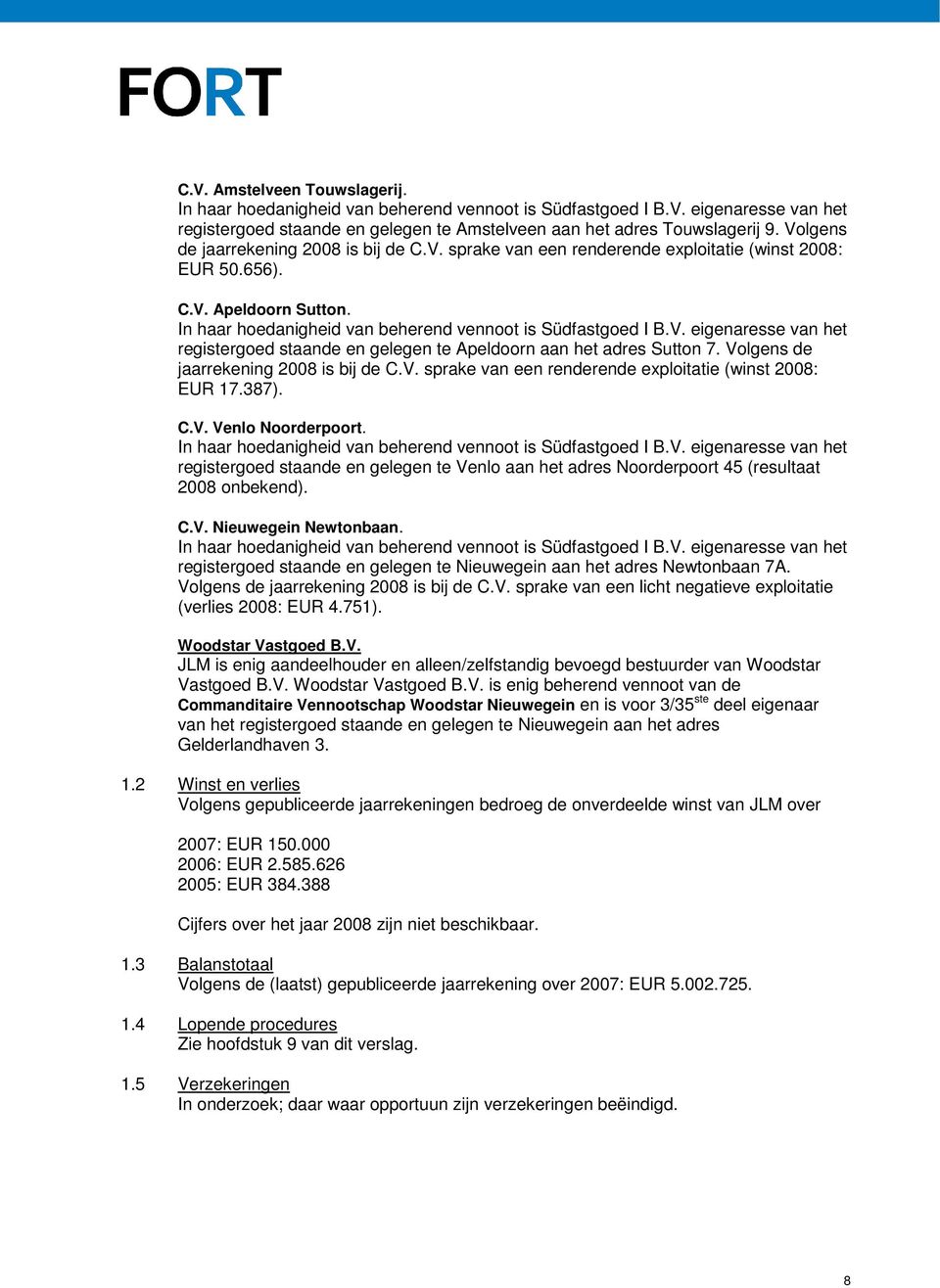 Volgens de jaarrekening 2008 is bij de C.V. sprake van een renderende exploitatie (winst 2008: EUR 17.387). C.V. Venlo Noorderpoort. In haar hoedanigheid van beherend vennoot is Südfastgoed I B.V. eigenaresse van het registergoed staande en gelegen te Venlo aan het adres Noorderpoort 45 (resultaat 2008 onbekend).