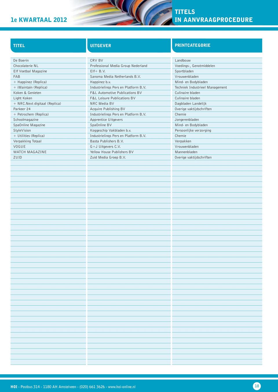 Next digitaal (Replica) NRC Media BV Dagbladen Landelijk Parkeer 24 Acquire Publishing BV Overige vaktijdschriften + Petrochem (Replica) Industrielinqs Pers en Platform B.V. Chemie Schoolmagazine Apprentice Uitgevers Jongerenbladen SpaOnline Magazine SpaOnline BV Mind- en Bodybladen StyleVision Koggeschip Vakbladen b.