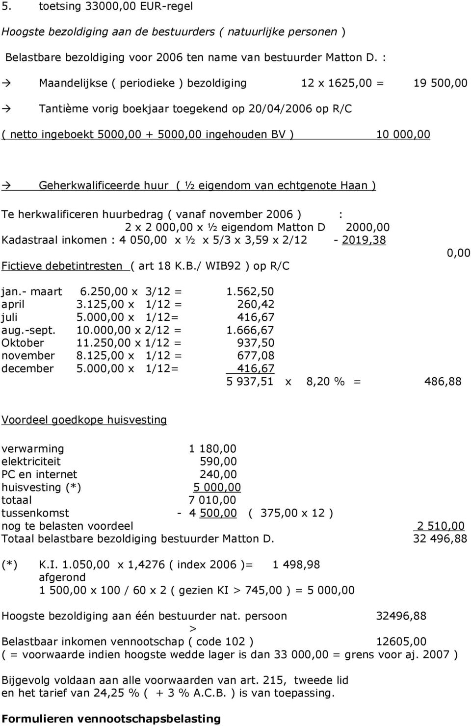 Geherkwalificeerde huur ( ½ eigendom van echtgenote Haan ) Te herkwalificeren huurbedrag ( vanaf november 2006 ) : 2 x 2 000,00 x ½ eigendom Matton D 2000,00 Kadastraal inkomen : 4 050,00 x ½ x 5/3 x