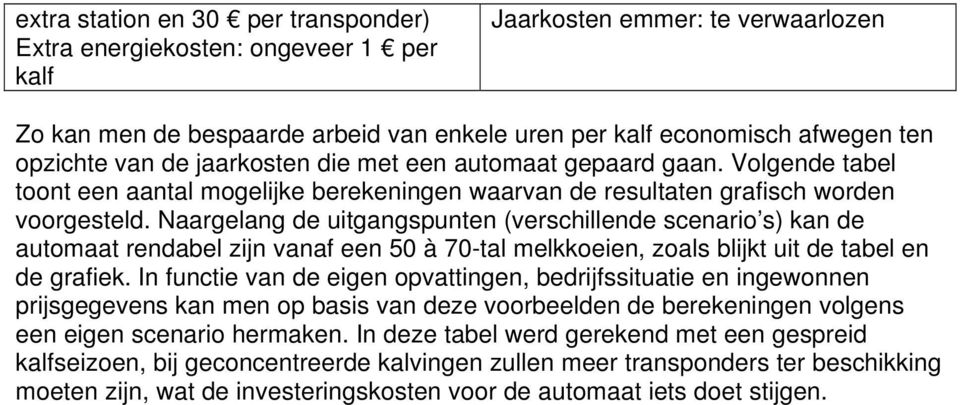 Naargelang de uitgangspunten (verschillende scenario s) kan de automaat rendabel zijn vanaf een 50 à 70-tal melkkoeien, zoals blijkt uit de tabel en de grafiek.