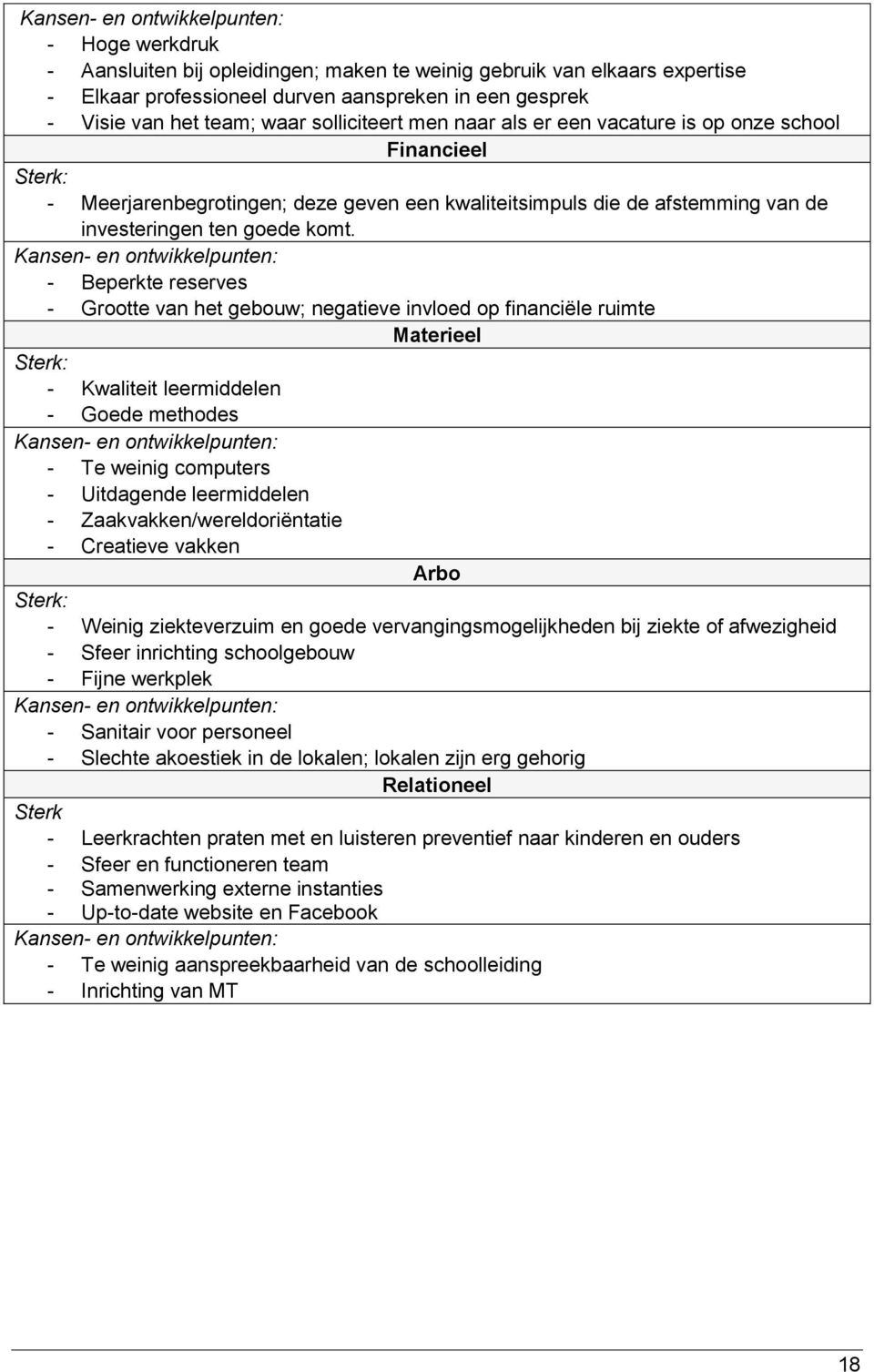 Kansen- en ontwikkelpunten: - Beperkte reserves - Grootte van het gebouw; negatieve invloed op financiële ruimte Materieel Sterk: - Kwaliteit leermiddelen - Goede methodes Kansen- en ontwikkelpunten: