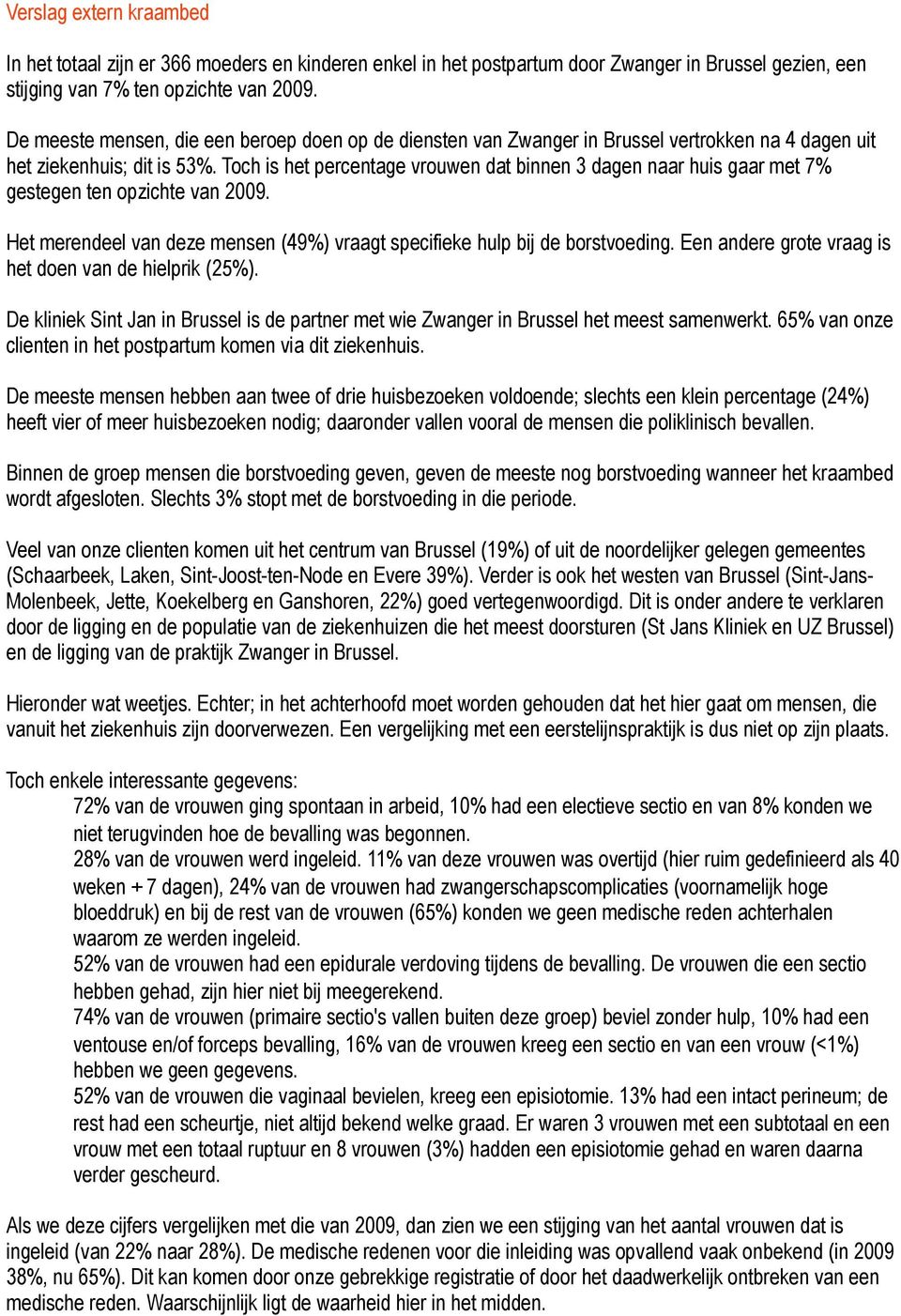 Toch is het percentage vrouwen dat binnen 3 dagen naar huis gaar met 7% gestegen ten opzichte van 2009. Het merendeel van deze mensen (49%) vraagt specifieke hulp bij de borstvoeding.