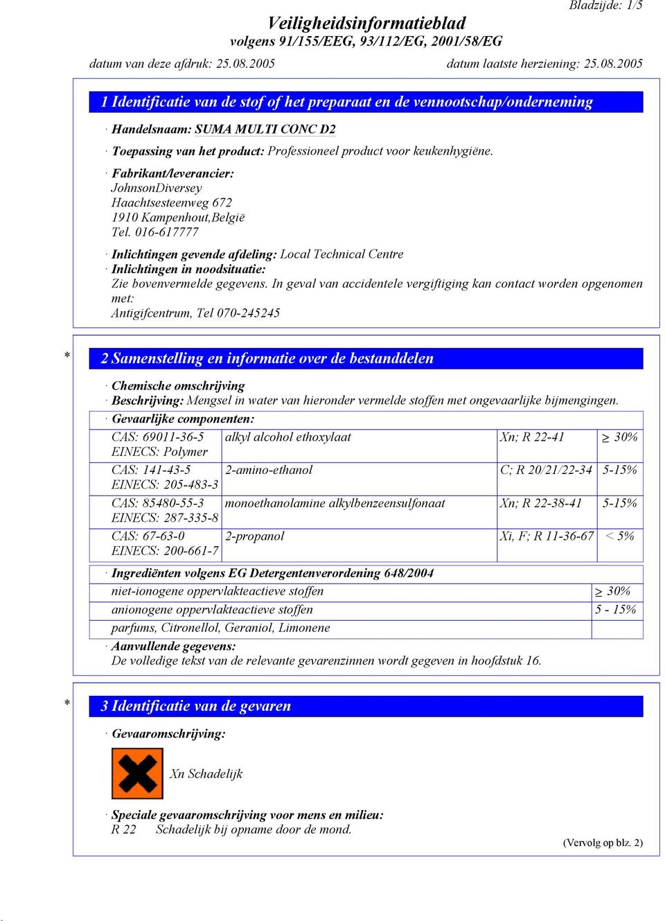 016-617777 Inlichtingen gevende afdeling: Local Technical Centre Inlichtingen in noodsituatie: Zie bovenvermelde gegevens.