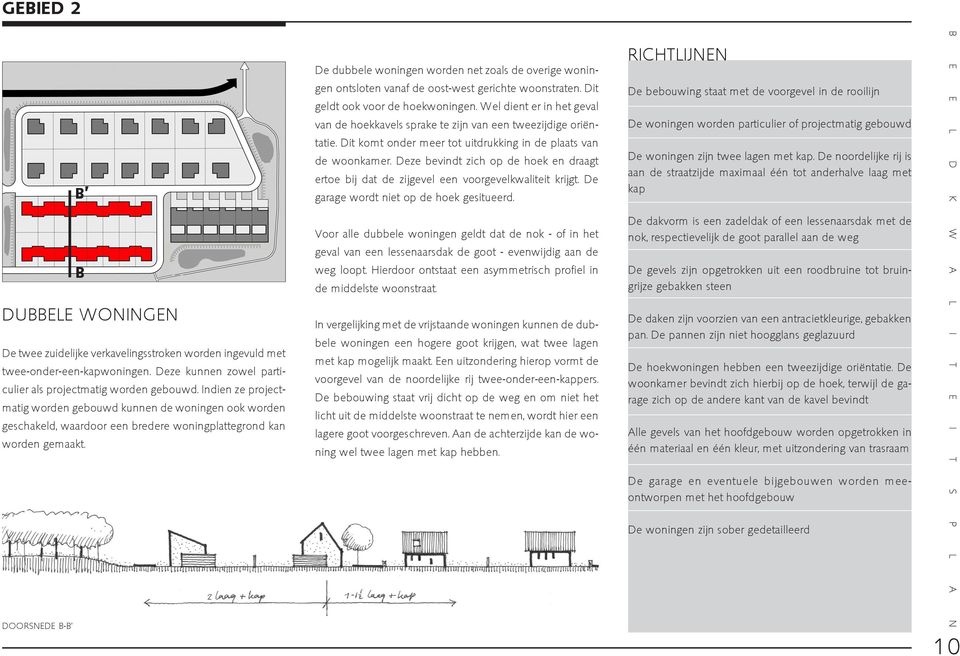 DOORSNEDE B-B De dubbele woningen worden net zoals de overige woningen ontsloten vanaf de oost-west gerichte woonstraten. Dit geldt ook voor de hoekwoningen.