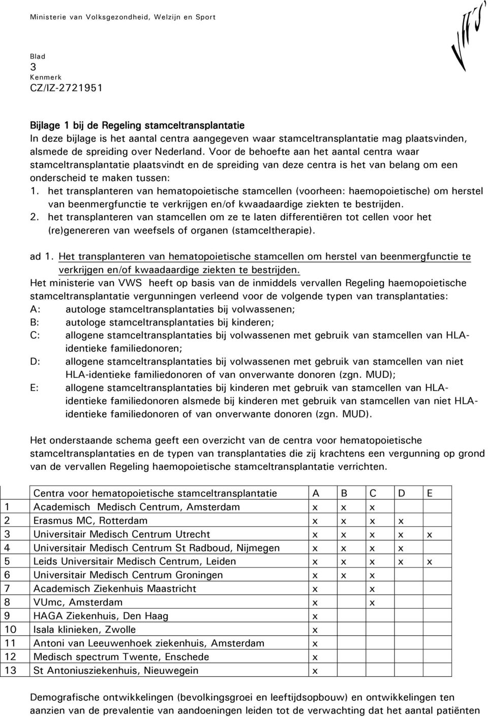 het transplanteren van hematopoietische stamcellen (voorheen: haemopoietische) om herstel van beenmergfunctie te verkrijgen en/of kwaadaardige ziekten te bestrijden. 2.