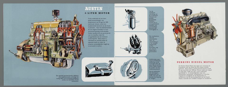 MOTOR juüiii:^ ^ Grotee trekkracht bij een klein aantall omwentelingen, een draaimomentt van 24 kgm bij 1000 toerenn per minuut, vormt een karakteristiekk kenmerk van de Austin truckmotor.