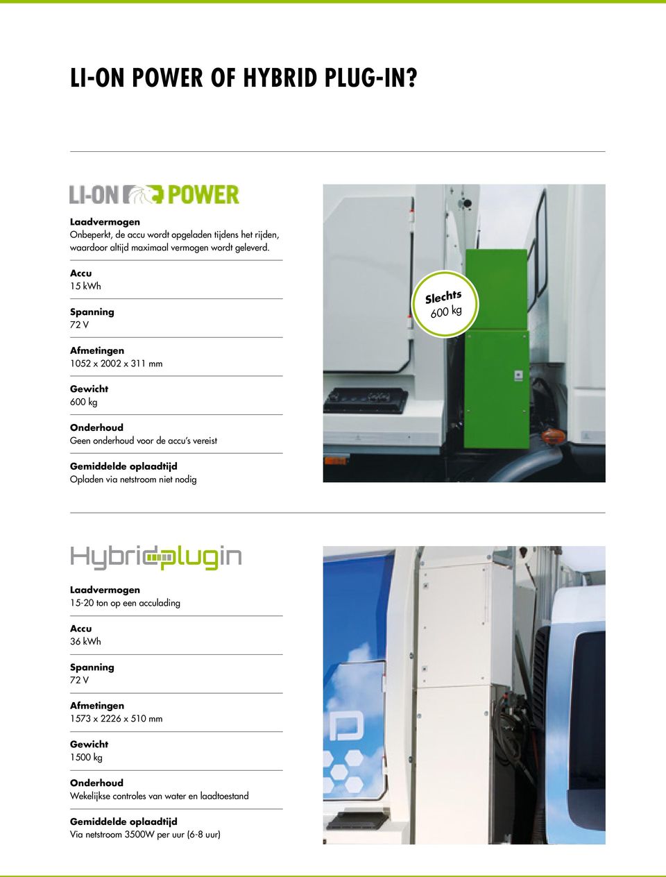 Accu 15 kwh Spanning 72 V Slechts 600 kg Afmetingen 1052 x 2002 x 311 mm Gewicht 600 kg Onderhoud Geen onderhoud voor de accu s vereist