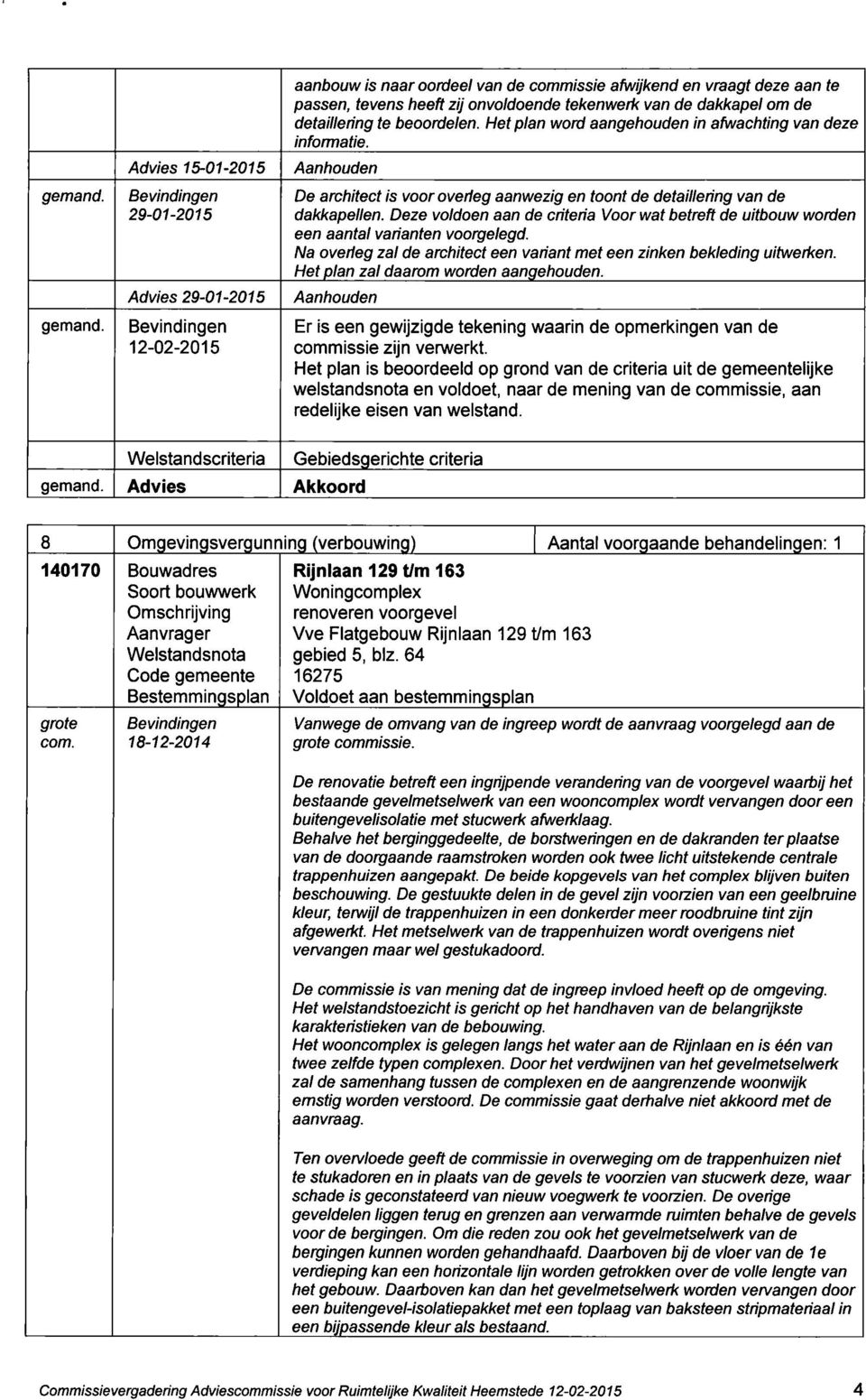 Deze voldoen aan de criteria Voor wat betreft de uitbouw worden een aantal varianten voorgelegd. Na overleg zal de architect een variant met een zinken bekleding uitwerken.