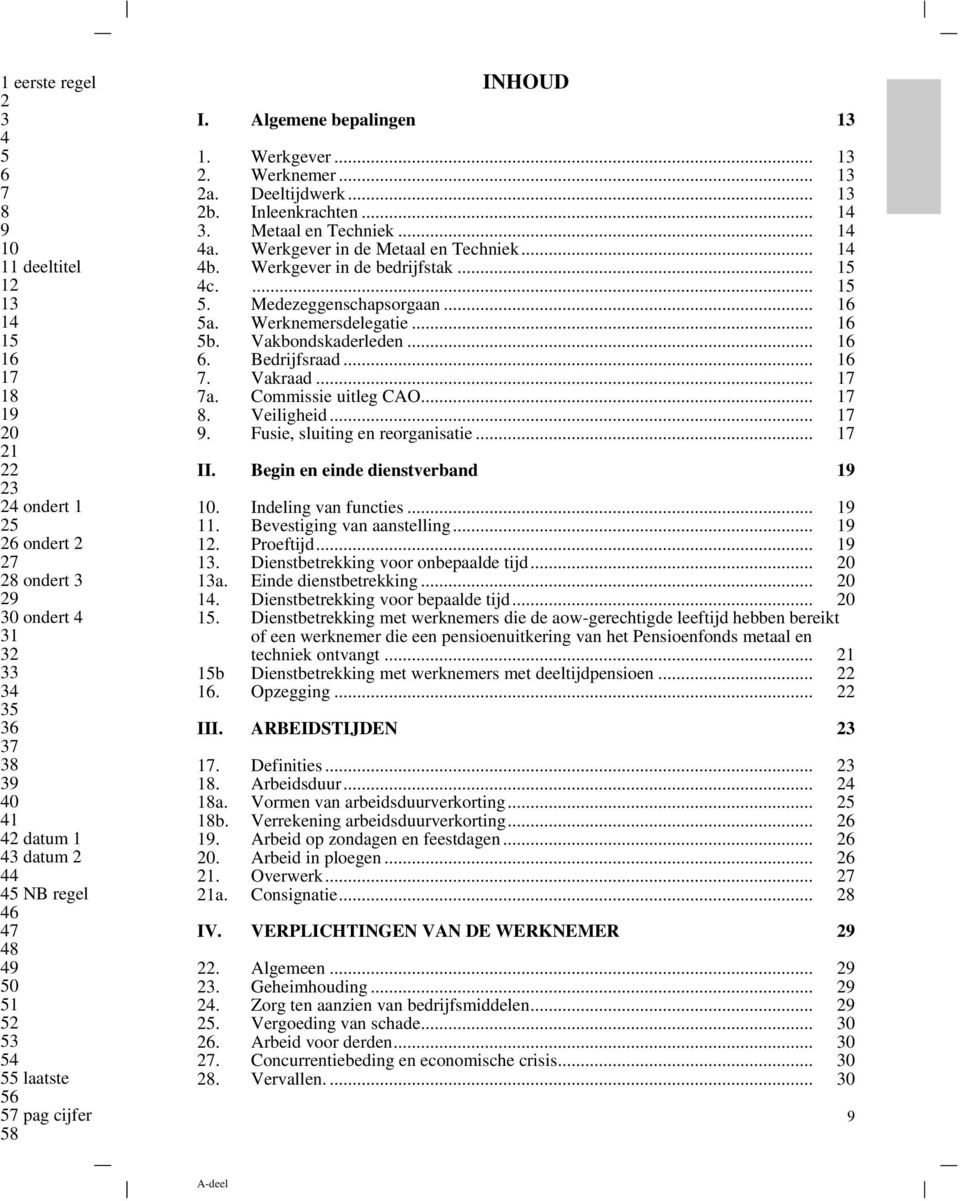 .. 1. Bedrijfsraad... 1. Vakraad... 1 a. Commissie uitleg CAO... 1. Veiligheid... 1. Fusie, sluiting en reorganisatie... 1 II. Begin en einde dienstverband 1. Indeling van functies... 1 11.