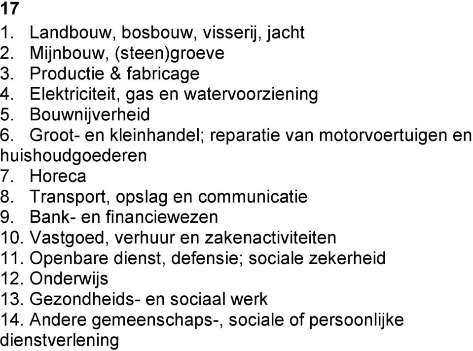 Groot- en kleinhandel; reparatie van motorvoertuigen en huishoudgoederen 7. Horeca 8. Transport, opslag en communicatie 9.