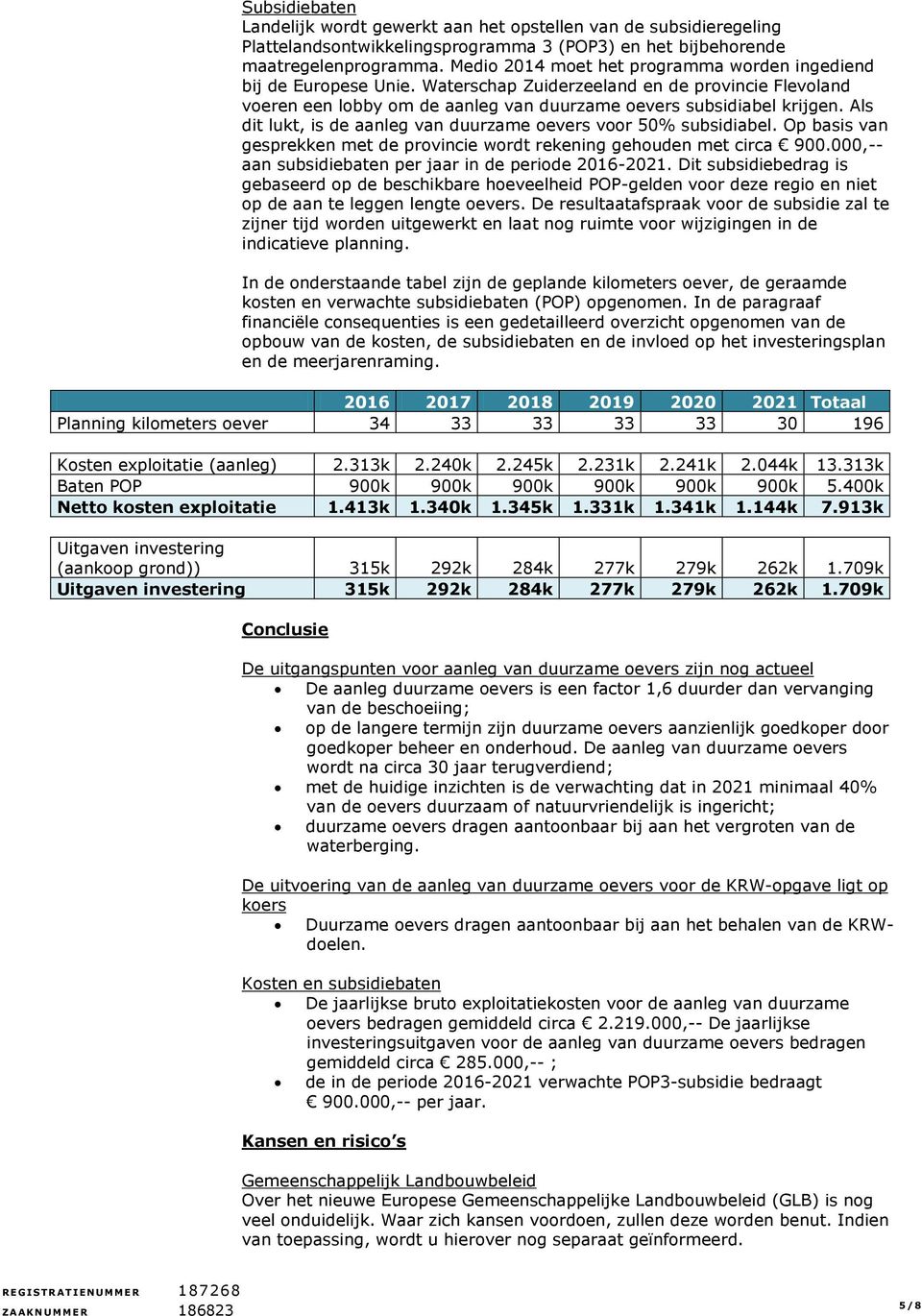 Als dit lukt, is de aanleg van duurzame oevers voor 50% subsidiabel. Op basis van gesprekken met de provincie wordt rekening gehouden met circa 900.