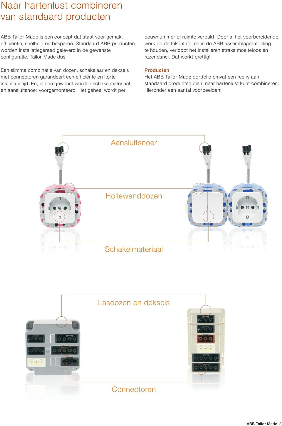 Een slimme combinatie van dozen, schakelaar en deksels met connectoren garandeert een efficiënte en korte installatietijd. En, indien gewenst worden schakelmateriaal en aansluitsnoer voorgemonteerd.