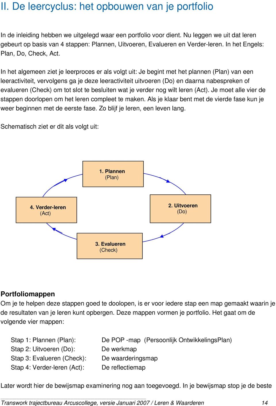 In het algemeen ziet je leerproces er als volgt uit: Je begint met het plannen (Plan) van een leeractiviteit, vervolgens ga je deze leeractiviteit uitvoeren (Do) en daarna nabespreken of evalueren