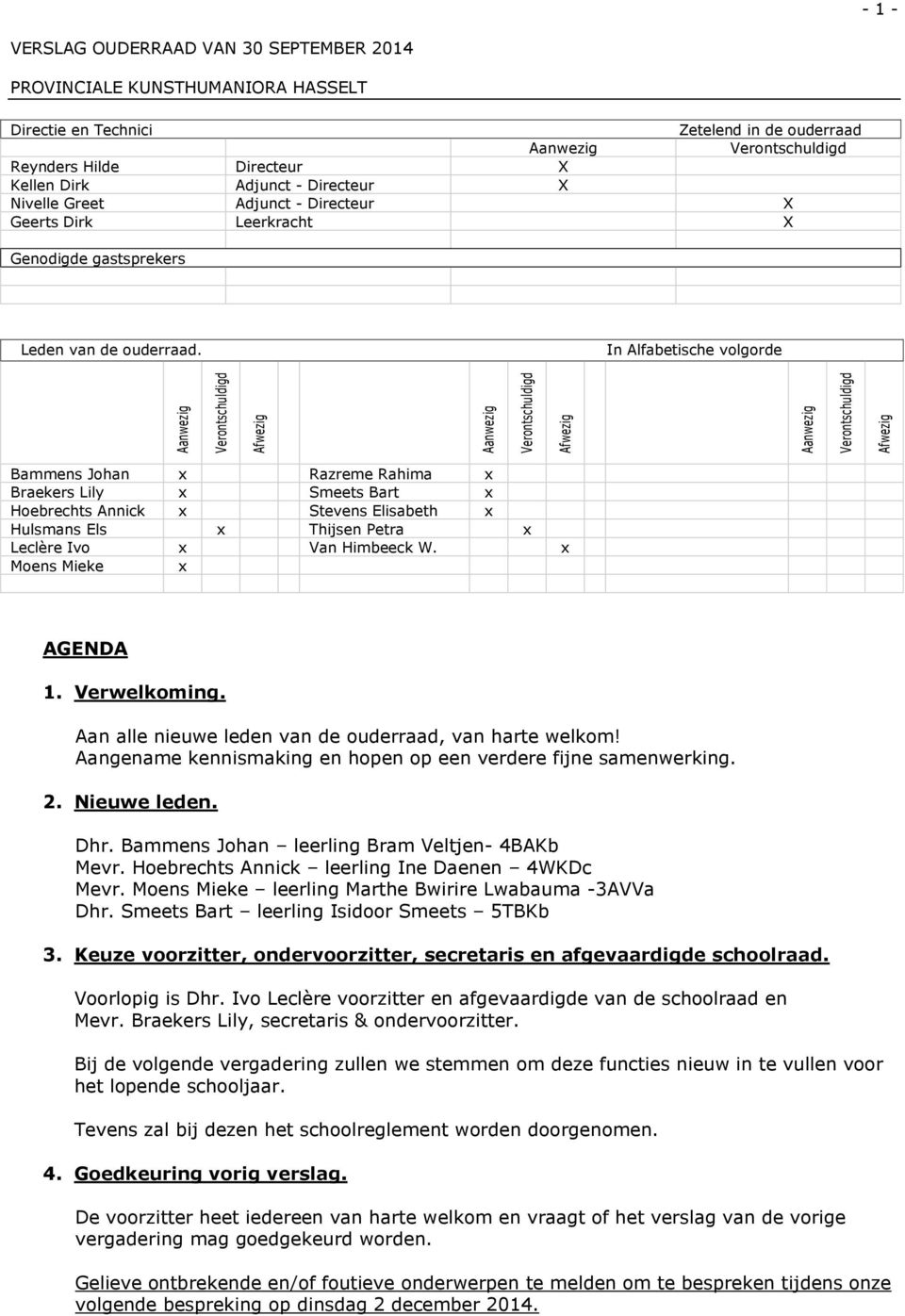 In Alfabetische volgorde Bammens Johan x Razreme Rahima x Braekers Lily x Smeets Bart x Hoebrechts Annick x Stevens Elisabeth x Hulsmans Els x Thijsen Petra x Leclère Ivo x Van Himbeeck W.