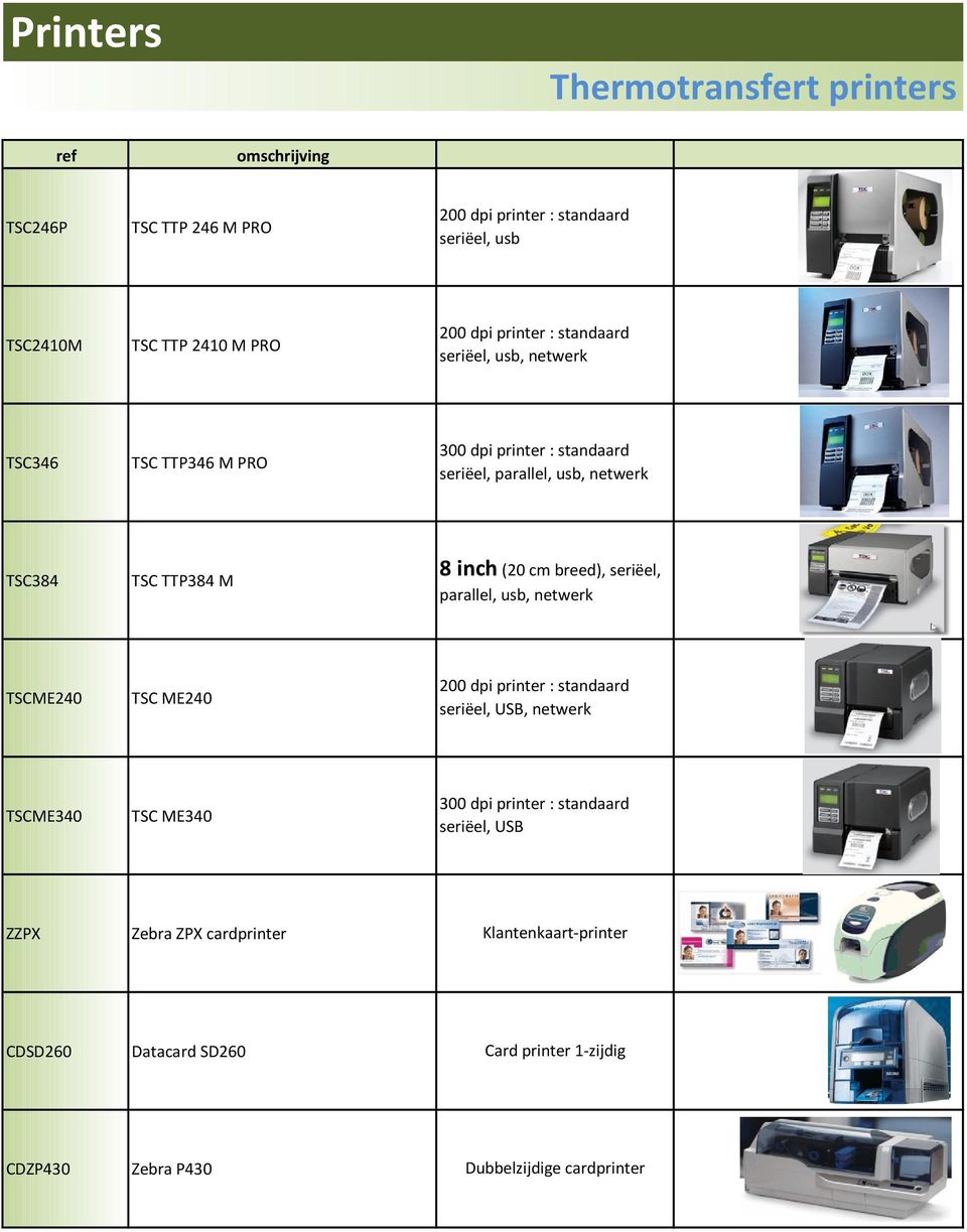 breed), seriëel, parallel, usb, netwerk TSCME240 TSC ME240 200 dpi printer : standaard seriëel, USB, netwerk TSCME340 TSC ME340 300 dpi printer :